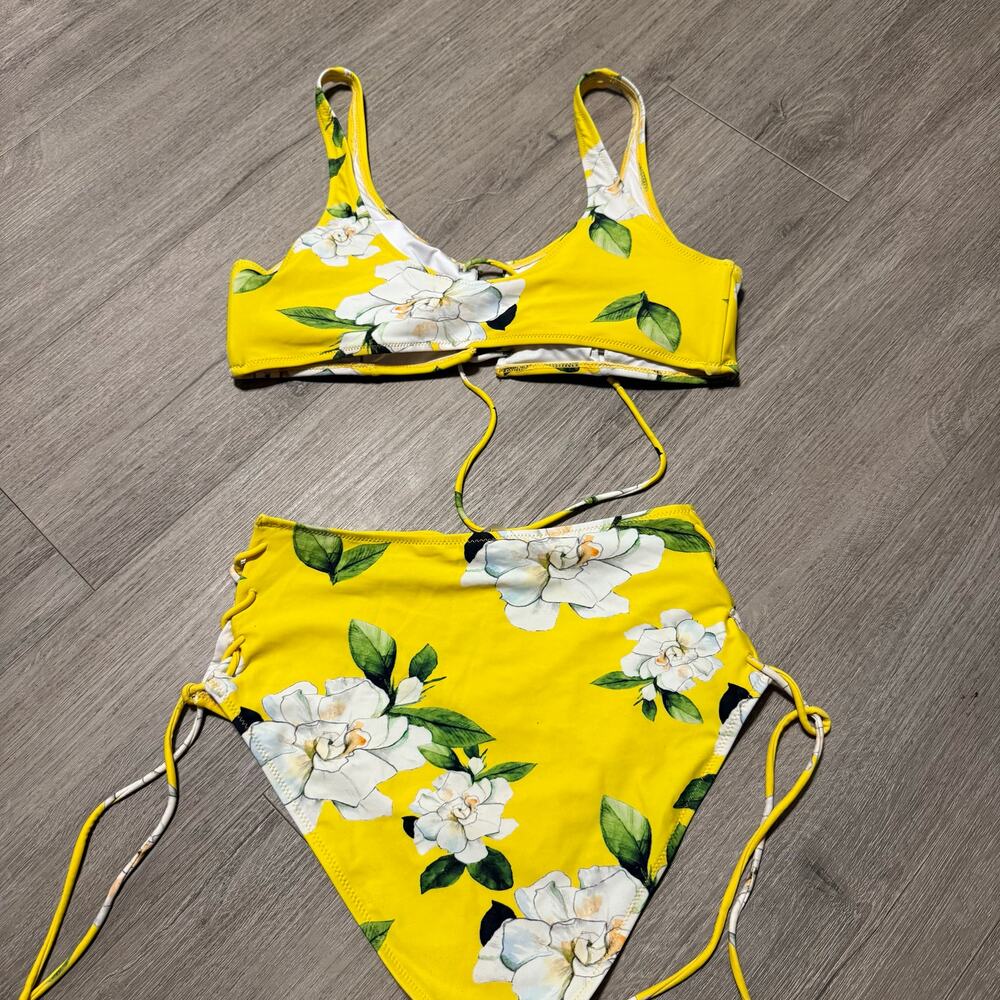 Cupshe Floral High Waist Lace-Up Bikini Set Yellow White Flowers Size M - Picture 3 of 10